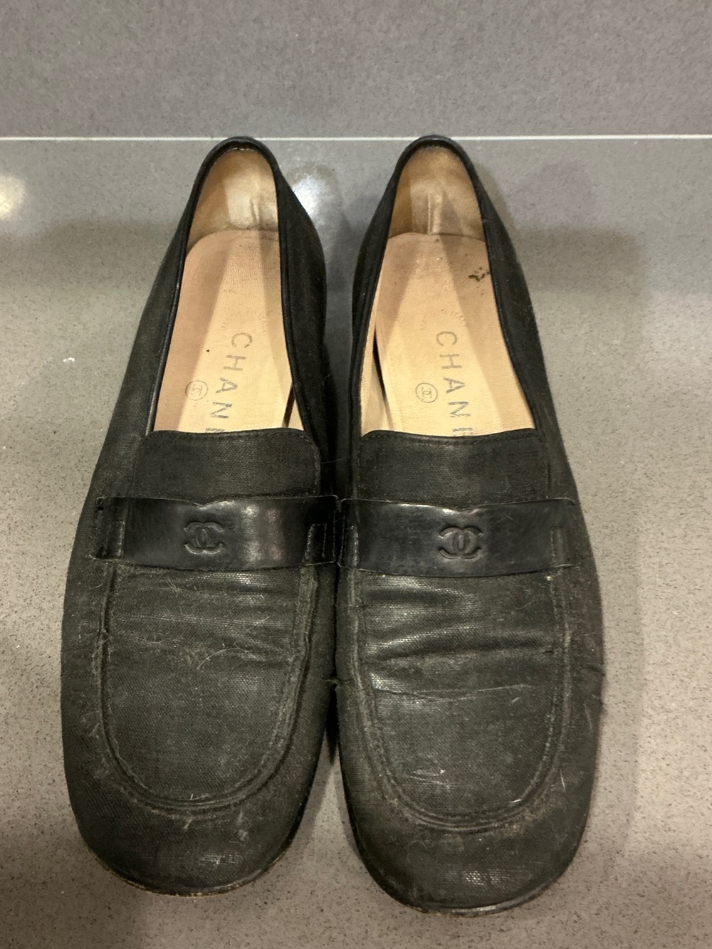 CHANEL Black Canvas & Leather Men's Slip-On Loafers